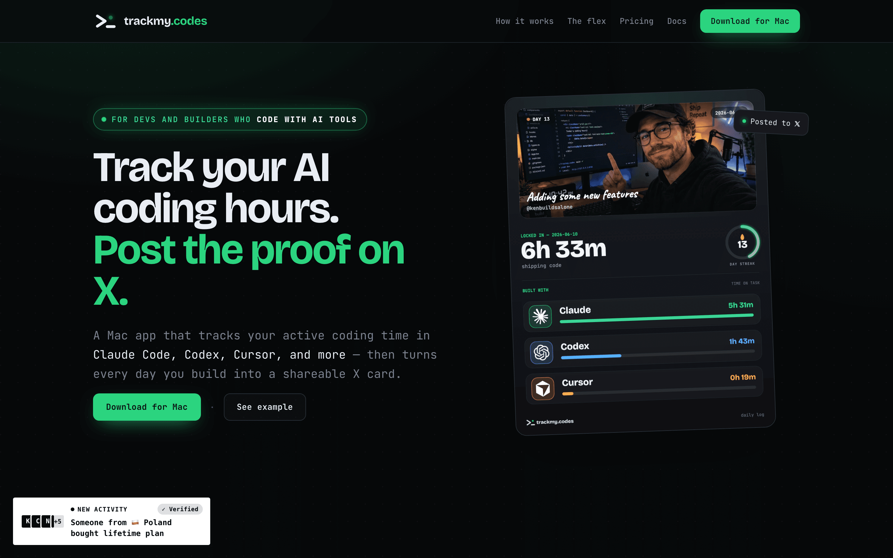 trackmy.codes — my own launch, running the ShipMaxxing sales-pop widget live